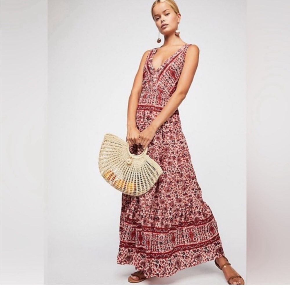 Free People Birdie Boho Red Paisley Maxi Dress large